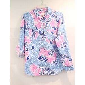 Charter Club Luxury Linen Top Womens size L Pink Blue Topical Beach Button Up